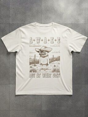 Awake But At What Cost Cowboy Pug Desert Funny Vintage White T-Shirt